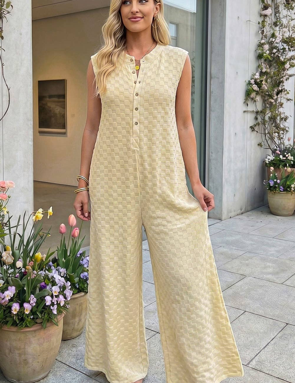 Half Buttons Sleeveless Wide Leg Textured Jumpsuit