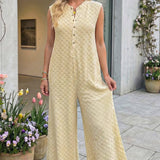 Half Buttons Sleeveless Wide Leg Textured Jumpsuit