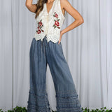 Flared Ruffle Hem Washed Chambray Crop Denim Pants VP83039: Washed Denim / L