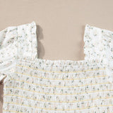 White Frilly Shirred Bodice Tiered Floral Maxi Dress: White / 100%Polyester / XL