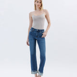 HIGH RISE DARK WASH CUFFED STRAIGHT JEANS T6666: NICO / 26