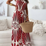 Fashionable Print Bandeau Waist-Cinching Jumpsuit: Khaki / S