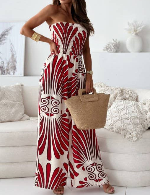 Fashionable Print Bandeau Waist-Cinching Jumpsuit: Khaki / L
