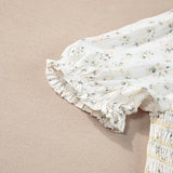 White Frilly Shirred Bodice Tiered Floral Maxi Dress: White / 100%Polyester / S