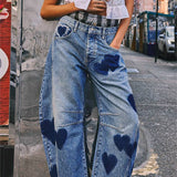 Heart Pattern Straight Jeans YYNZ022: Blue / M
