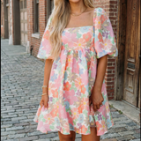 Women's Summer Floral Square Neck Puff Sleeve Babydoll Dress: Pink M