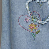 Waist Elastic Band Heart Floral Print Patch Wide Denim Pants: DENIM / M
