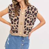 LEOPARD PRINT KNIT BUTTON-UP SWEATER TOP: TAUPE / Contemporary / M
