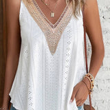 Multicolor Lace Crochet Splicing V Neck Loose Fit Tank Top: Apricot Pink / 95%Polyester+5%Elastane / L