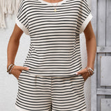 Striped Short-Sleeve And Shorts Fashion Two-Piece Set