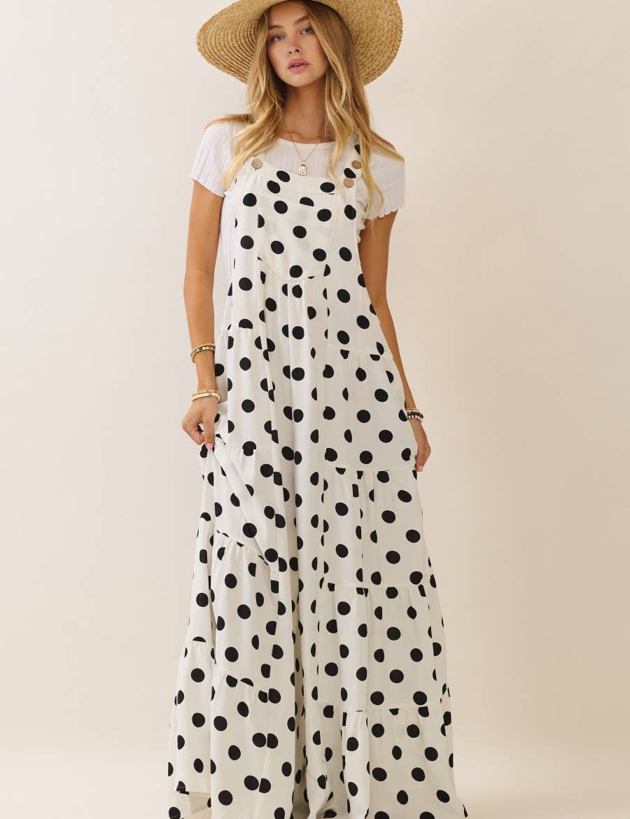 Polka Dot Sling Maxi Jumpsuit: Navy White / L