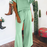 Solid Color Loose Tee Drawstring Wide Leg Pants 2pcs Outfit: Mist Blue / M