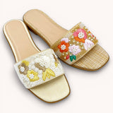 FLORA LUXE PEAR-EMBELLISHED RAFFIA SLIDE FLAT SANDALS: BEIGE