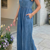 66 Ruffled Short Sleeve Wide Leg Denim Jumpsuit (S-XL)