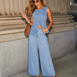 SOLID COLOR LOOSE DENIM WIDE LEG PANTS VEST SUIT: BLUE / (M) 1