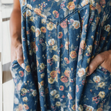 Vintage Rose Print Pleated Denim Overall Jumpsuit (S-XL)