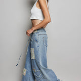 Waist Elastic Band Heart Floral Print Patch Wide Denim Pants: DENIM / L