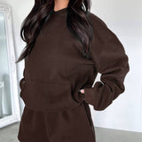 Basic pocket hoodie &  drawstring short set outfits