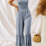 Straps Smocked Bodice Wide Leg Floral Jumpsuit: Black / M
