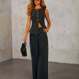 SOLID COLOR LOOSE DENIM WIDE LEG PANTS VEST SUIT: BLACK / (L) 1