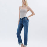 HIGH RISE DARK WASH CUFFED STRAIGHT JEANS T6666: NICO / 30
