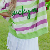 Green Stripe Lucky Clover Embroidered Graphic Dolman Loose Tee: Green Stripe / 95%Polyester+5%Elastane / M
