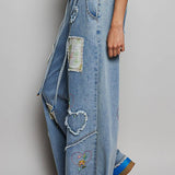 Waist Elastic Band Heart Floral Print Patch Wide Denim Pants: DENIM / M
