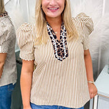 Sky Blue Stripe  Short Puff Sleeve Leopard  Blouse: Brown Stripe M