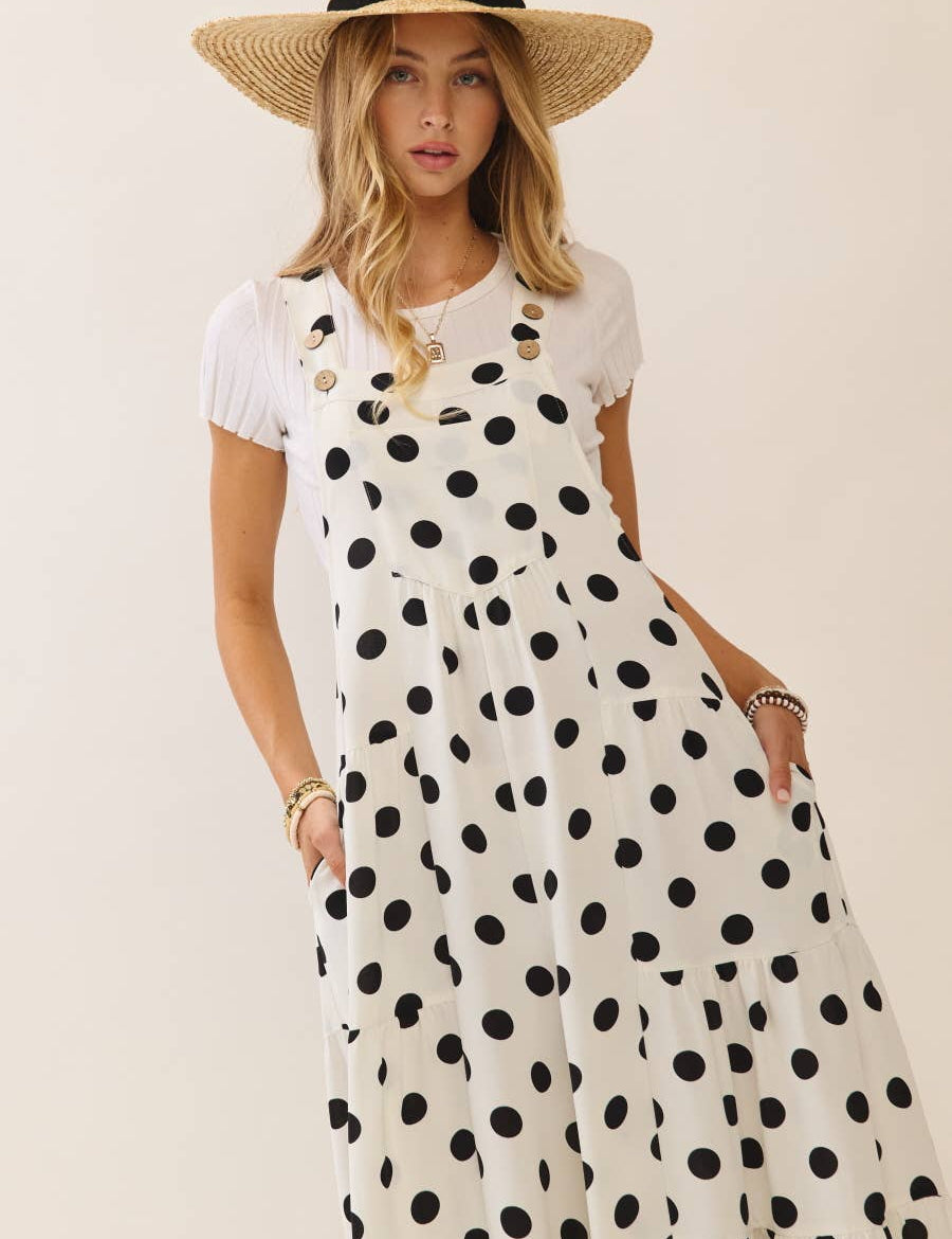 Polka Dot Sling Maxi Jumpsuit: Navy White / L