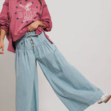 Pleated Wide-Leg Button Closure Pants