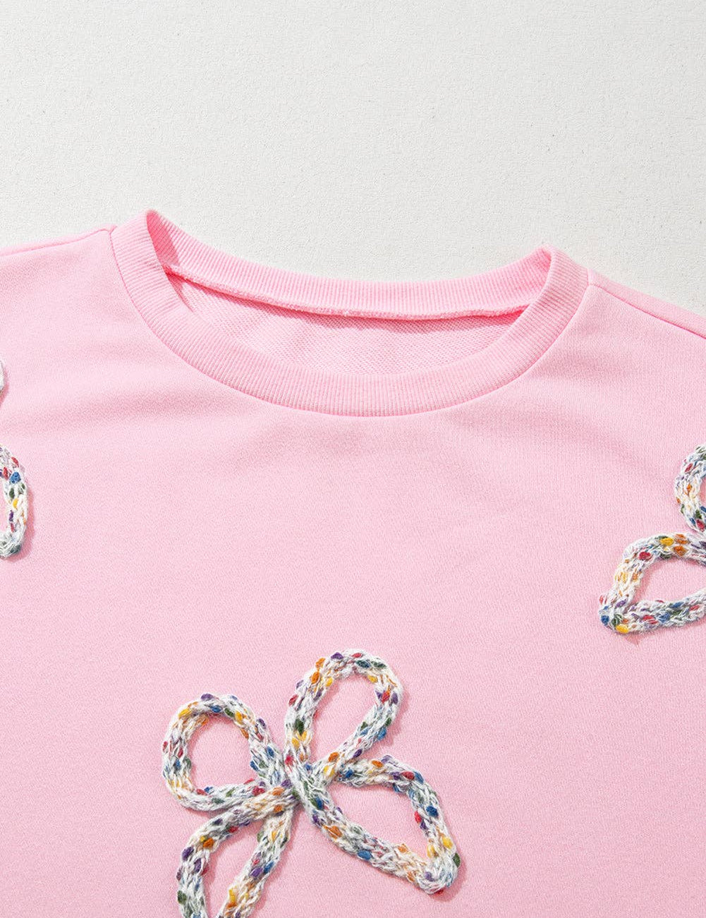 Embroidered Bow Lantern Sleeve Oversized Pullover Sweatshirt: Light Pink / 65%Polyester+35%Cotton / S