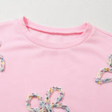 Embroidered Bow Lantern Sleeve Oversized Pullover Sweatshirt: Light Pink / 65%Polyester+35%Cotton / S