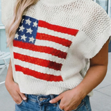 Flag Graphic Short Sleeve Sweater Top White