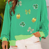Bright Green Twisted Rib St Patricks Day Sequin Patch Graphic Long Sleeve Top: Bright Green / 75%Polyester+20%Viscose+5%Elastane / S