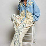 Drawstring Floral Patch Denim Pants