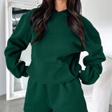 Basic pocket hoodie &  drawstring short set outfits