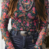 Spring Western Retro Floral Printed Mock Neck Mesh Top (S-4X: Multi-Colored / L