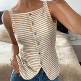 Striped Button Front Sleeveless Tank Top with Slit Hem: Apricot Color / 65%viscose+35%polyester / M
