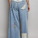 Waist Elastic Band Heart Floral Print Patch Wide Denim Pants: DENIM / L