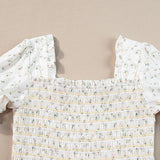 White Frilly Shirred Bodice Tiered Floral Maxi Dress: White / 100%Polyester / XL