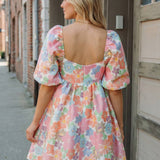 Women's Summer Floral Square Neck Puff Sleeve Babydoll Dress: Pink M