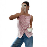 Striped Button Front Sleeveless Tank Top with Slit Hem: Apricot Color / 65%viscose+35%polyester / S