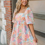 Women's Summer Floral Square Neck Puff Sleeve Babydoll Dress: Pink XL