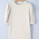 Puff Sleeve Top with Rhinestone and Pearl Embellishments: Light Grey / 75%Polyester+20%Cotton+5%Elastane / S
