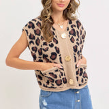 LEOPARD PRINT KNIT BUTTON-UP SWEATER TOP: TAUPE / Contemporary / M