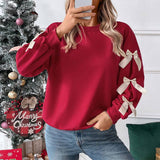 Crew Neck Pullover Top 3D Bowknot Trim Loose Sweatshirts: Red / 100%polyester / L