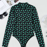 St Patrick Shamrock Mock Neck Long Sleeve Mesh Bodysuit: As shown / Missy / L