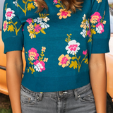 Fashion-W Flower Pattern Short Sleeve Knitted Sweater: As shown / Missy / S