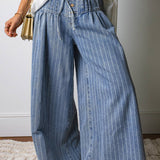 Stripe Button Pleated Drawstring Waist Casual Wide Leg Jeans: Blue / 10