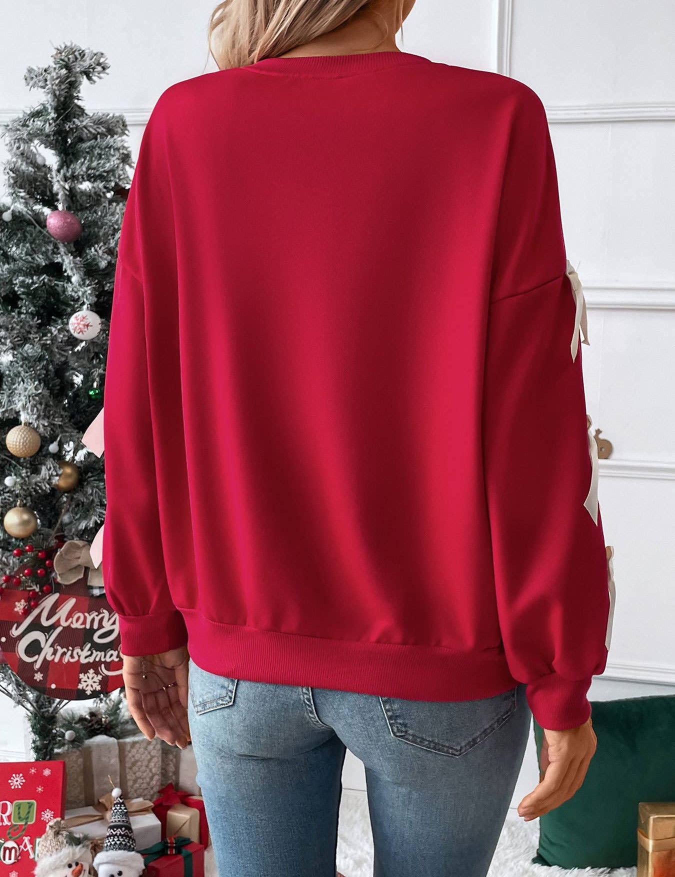 Crew Neck Pullover Top 3D Bowknot Trim Loose Sweatshirts: Red / 100%polyester / XL